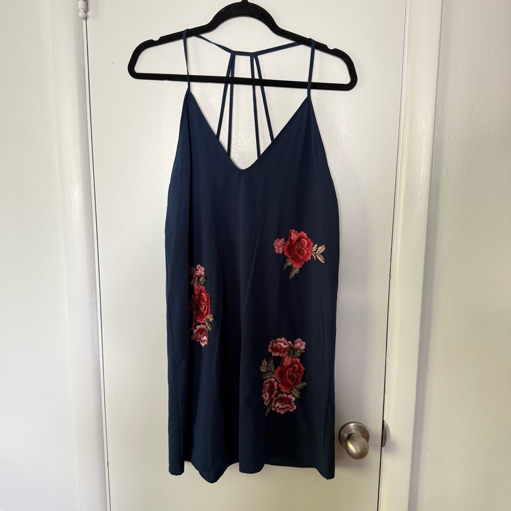 Dee Elly Navy Blue Racerback Mini Shift Dress with Red Floral Patches